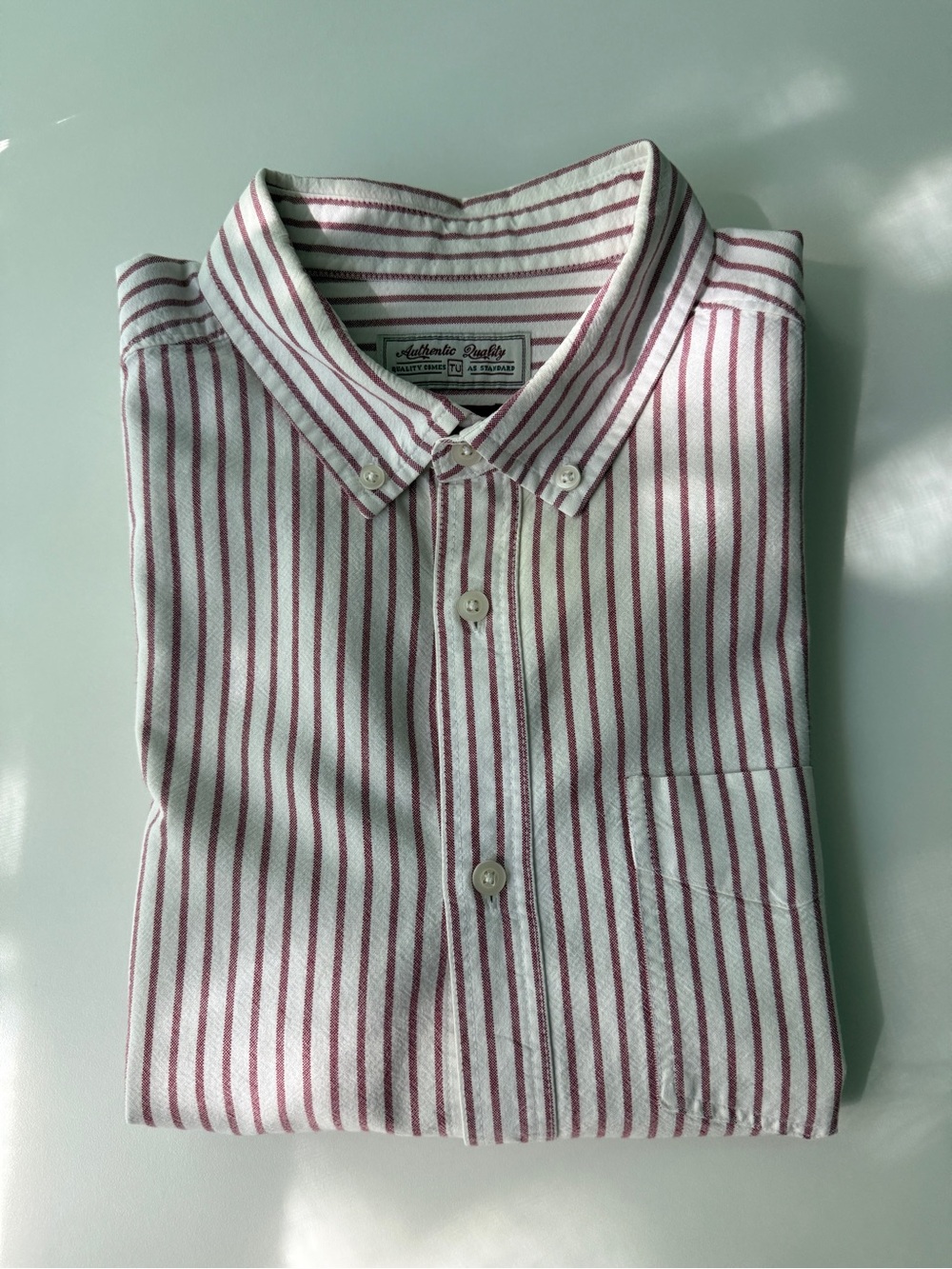 Men’s XL Button-Down Cotton Striped Shirt – White & Burgundy